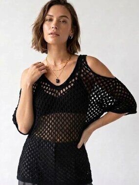 Bishop + Young Black Open Knit Cold Shoulder Sweater Size S